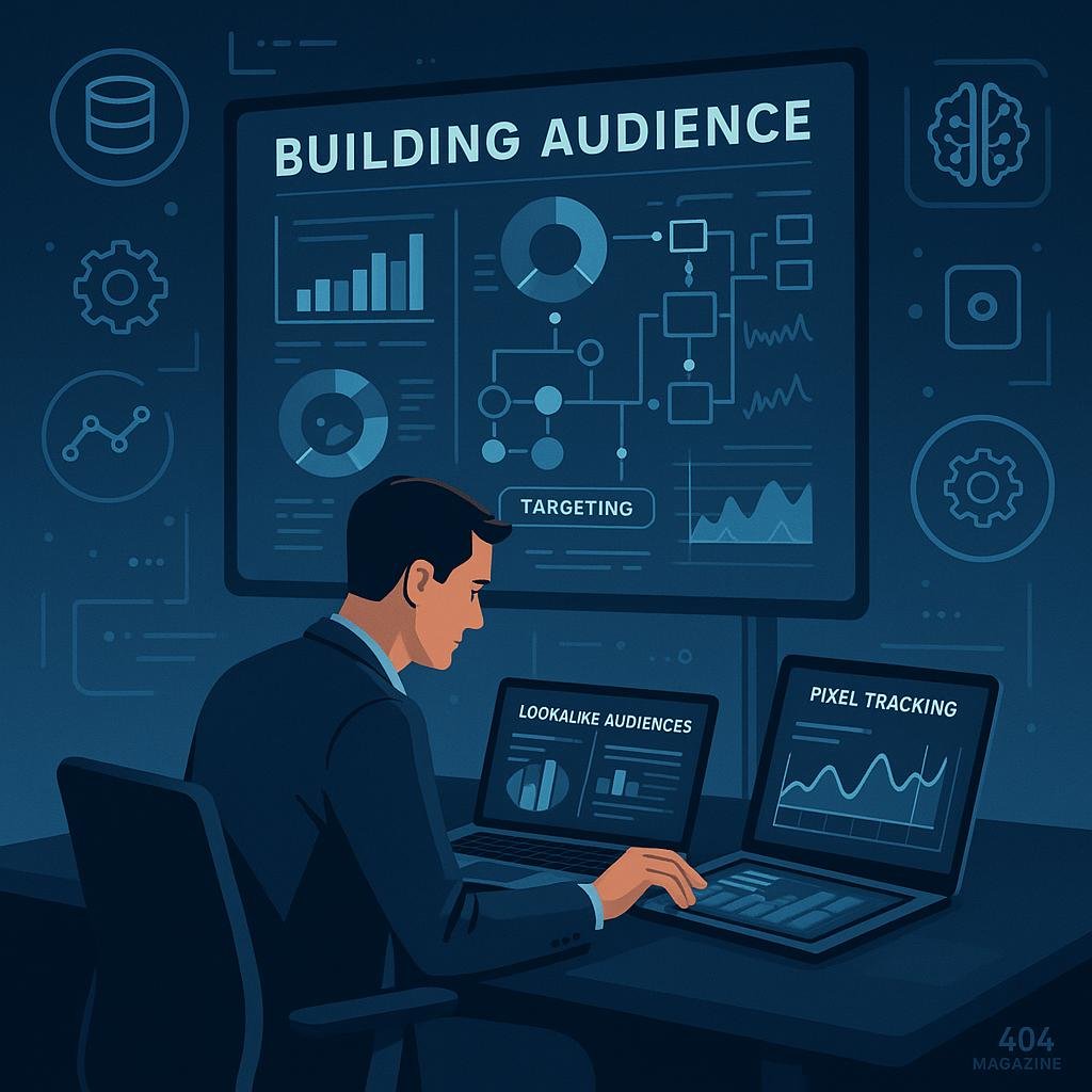 Modernes Arbeitsumfeld mit digitalem Bildschirm, Chart-Diagrammen und einem Profi-Marketer, der Daten auf Laptop und Tablet überprüft, um Zielgruppenstrategie zu optimieren.