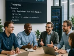 Vier Entwickler in smarter Kleidung diskutieren lebhaft vor einem großen Bildschirm mit einer Next.js Website, im Hintergrund Server-Racks und moderne Büroumgebung, symbolisiert schnelle Internetverbindung und Server-Performance.