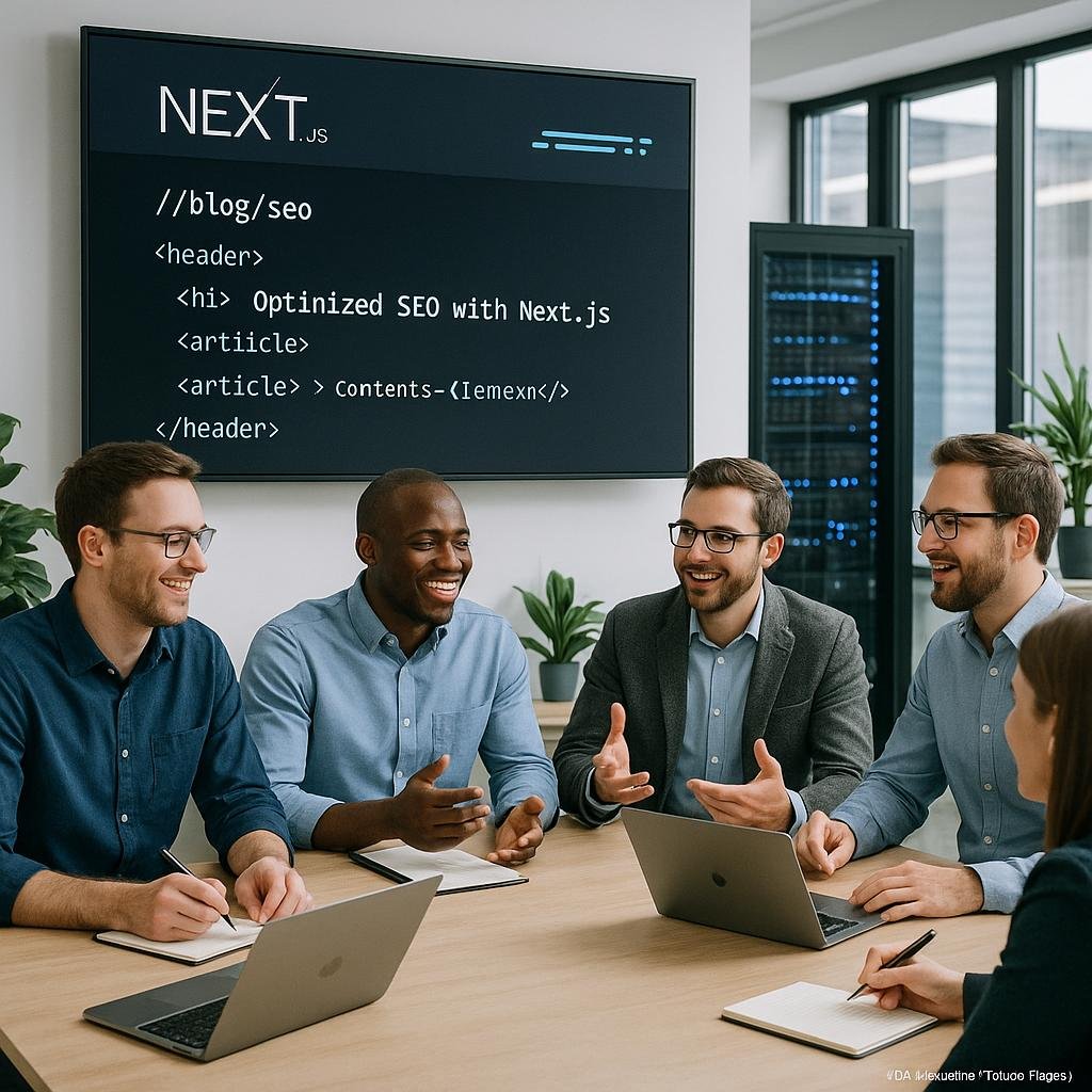 Vier Entwickler in smarter Kleidung diskutieren lebhaft vor einem großen Bildschirm mit einer Next.js Website, im Hintergrund Server-Racks und moderne Büroumgebung, symbolisiert schnelle Internetverbindung und Server-Performance.