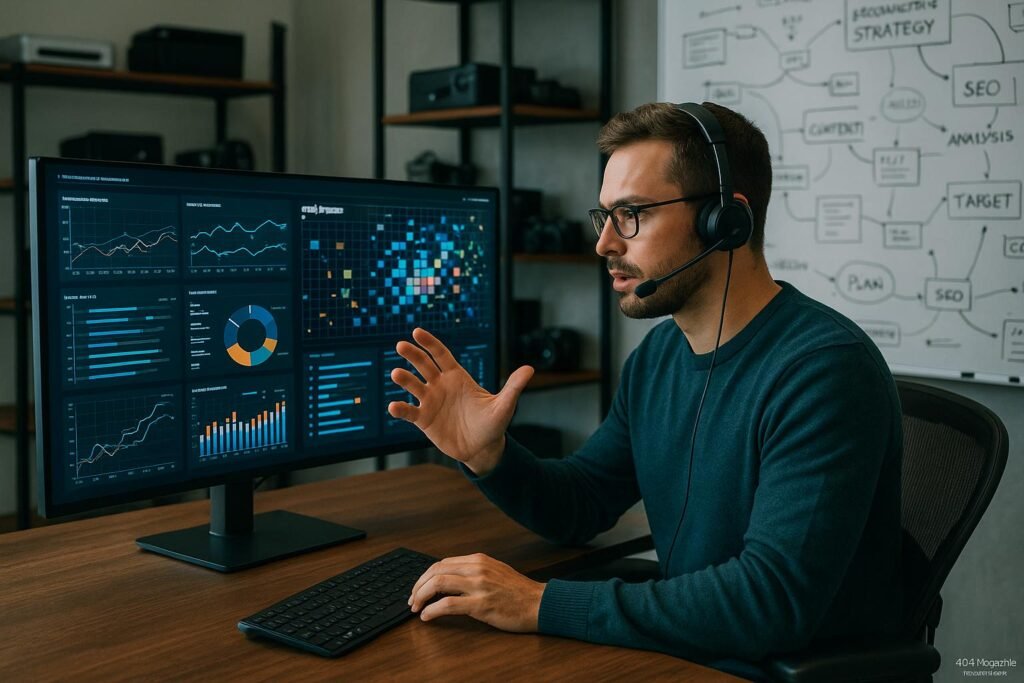 Tech-Experte arbeitet an großem Bildschirm mit Diagrammen und Datenanalysen in modernem Büro, Hintergrund mit Technik-Equipment und Whiteboards, trägt Headset und erklärt technische Prozesse