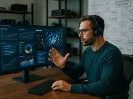 Tech-Experte arbeitet an großem Bildschirm mit Diagrammen und Datenanalysen in modernem Büro, Hintergrund mit Technik-Equipment und Whiteboards, trägt Headset und erklärt technische Prozesse