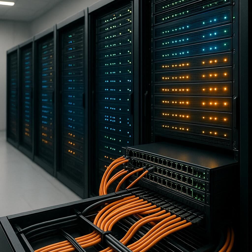 Moderner, minimalistischer Serverraum mit leistungsstarken Servern, Kabelmanagement und sanfter Beleuchtung im Hintergrund