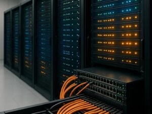 Moderner, minimalistischer Serverraum mit leistungsstarken Servern, Kabelmanagement und sanfter Beleuchtung im Hintergrund