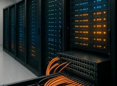 Moderner, minimalistischer Serverraum mit leistungsstarken Servern, Kabelmanagement und sanfter Beleuchtung im Hintergrund