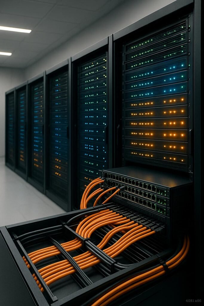 Moderner, minimalistischer Serverraum mit leistungsstarken Servern, Kabelmanagement und sanfter Beleuchtung im Hintergrund