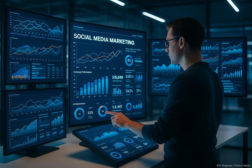 Futuristischer digitaler Arbeitsplatz mit Marketinganalyst, der auf Touchscreen-Interface Daten zu Social Media Marketing analysiert, vor einem minimalistischen, modernen Büro mit digitaler Datenfluss-Dekor.