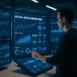 Futuristischer digitaler Arbeitsplatz mit Marketinganalyst, der auf Touchscreen-Interface Daten zu Social Media Marketing analysiert, vor einem minimalistischen, modernen Büro mit digitaler Datenfluss-Dekor.