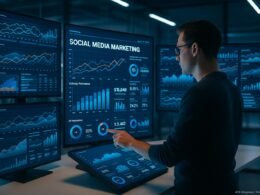 Futuristischer digitaler Arbeitsplatz mit Marketinganalyst, der auf Touchscreen-Interface Daten zu Social Media Marketing analysiert, vor einem minimalistischen, modernen Büro mit digitaler Datenfluss-Dekor.