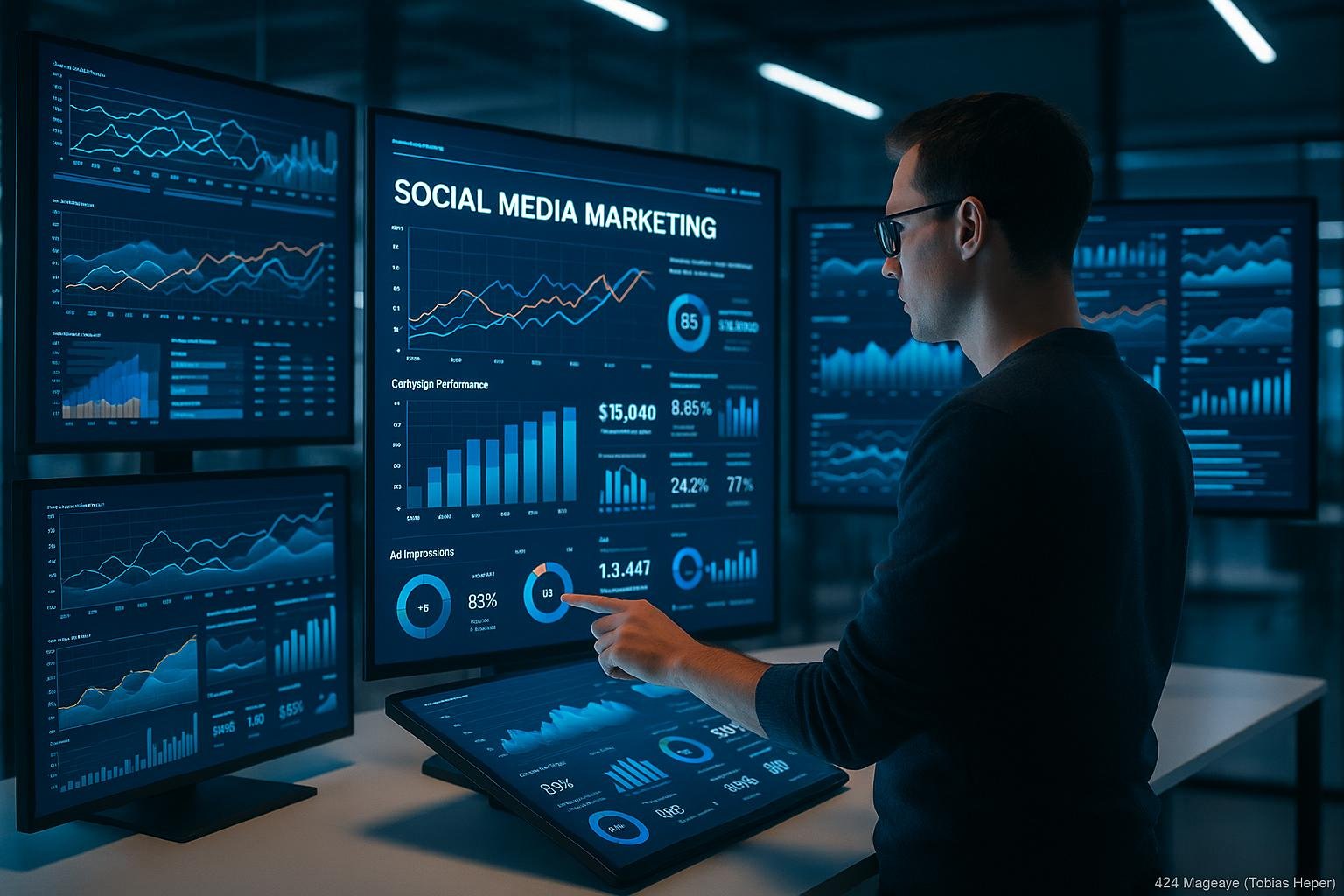Futuristischer digitaler Arbeitsplatz mit Marketinganalyst, der auf Touchscreen-Interface Daten zu Social Media Marketing analysiert, vor einem minimalistischen, modernen Büro mit digitaler Datenfluss-Dekor.