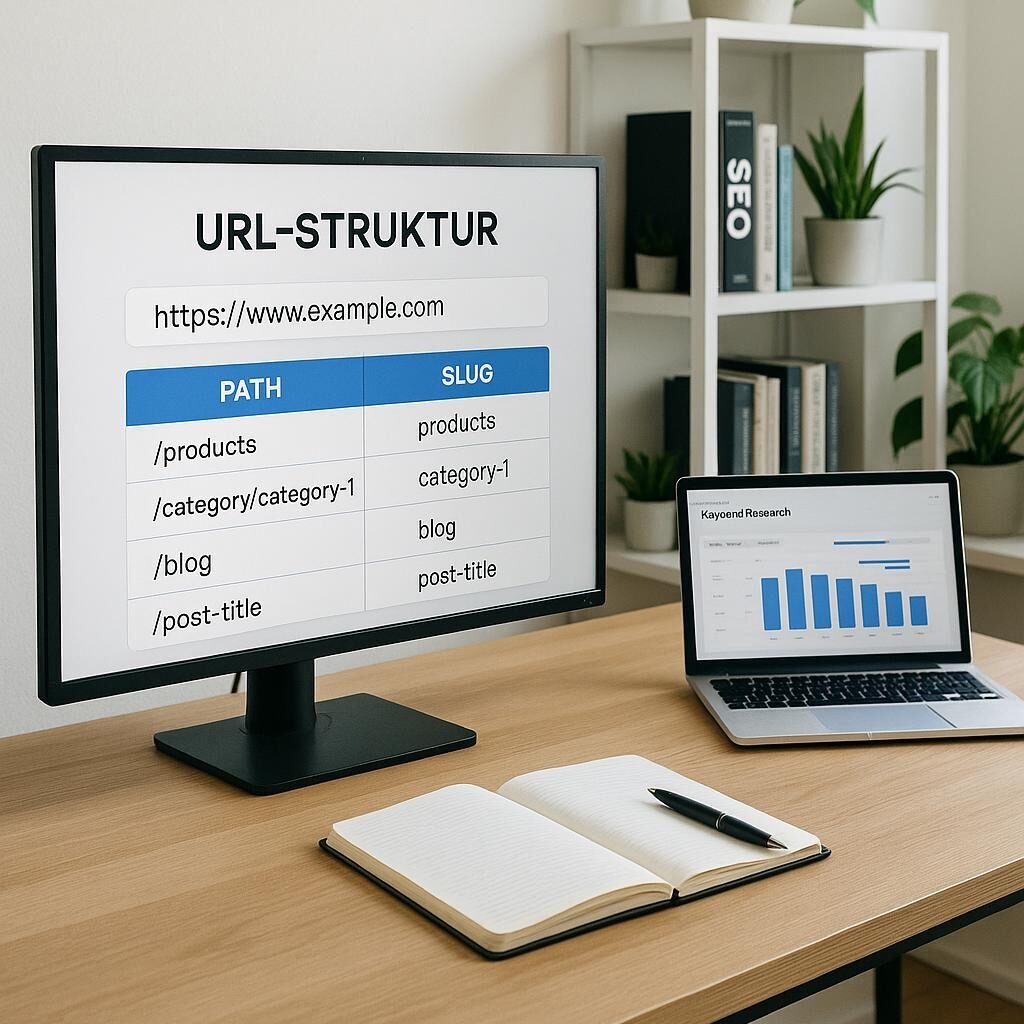 Modernes Arbeitszimmer mit großem Bildschirm, Notizbuch, Laptop, SEO-Büchern und Pflanzen, helles Licht, produktive Atmosphäre