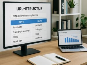 Modernes Arbeitszimmer mit großem Bildschirm, Notizbuch, Laptop, SEO-Büchern und Pflanzen, helles Licht, produktive Atmosphäre