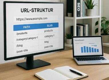 Modernes Arbeitszimmer mit großem Bildschirm, Notizbuch, Laptop, SEO-Büchern und Pflanzen, helles Licht, produktive Atmosphäre