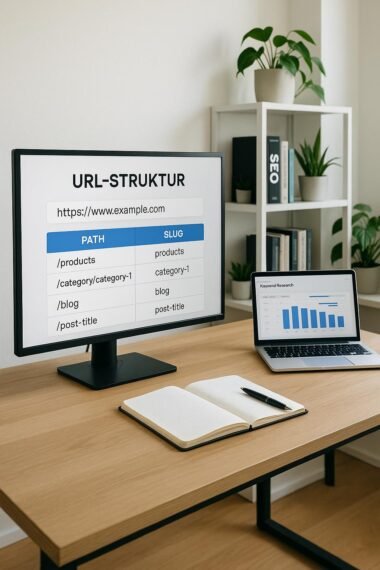 Modernes Arbeitszimmer mit großem Bildschirm, Notizbuch, Laptop, SEO-Büchern und Pflanzen, helles Licht, produktive Atmosphäre