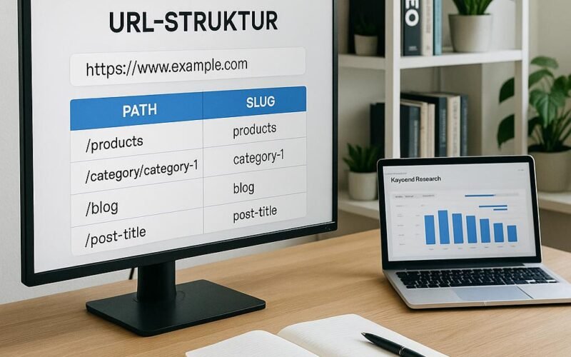 Modernes Arbeitszimmer mit großem Bildschirm, Notizbuch, Laptop, SEO-Büchern und Pflanzen, helles Licht, produktive Atmosphäre