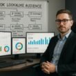 Professioneller Digital Marketer in modernem Büro, der Daten auf mehreren Bildschirmen mit Diagrammen und Zielgruppen-Tools analysiert, hinter ihm ein Whiteboard mit TikTok Lookalike Audience Flowchart.