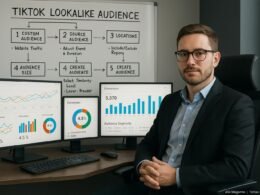 Professioneller Digital Marketer in modernem Büro, der Daten auf mehreren Bildschirmen mit Diagrammen und Zielgruppen-Tools analysiert, hinter ihm ein Whiteboard mit TikTok Lookalike Audience Flowchart.