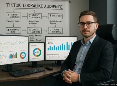 Professioneller Digital Marketer in modernem Büro, der Daten auf mehreren Bildschirmen mit Diagrammen und Zielgruppen-Tools analysiert, hinter ihm ein Whiteboard mit TikTok Lookalike Audience Flowchart.