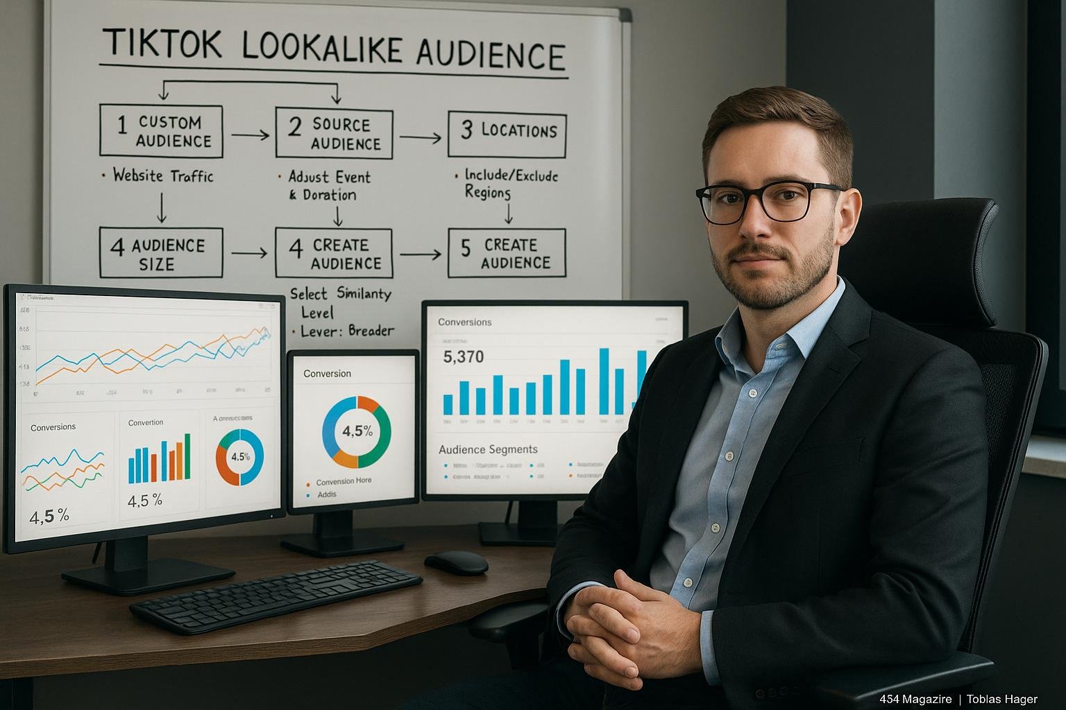Professioneller Digital Marketer in modernem Büro, der Daten auf mehreren Bildschirmen mit Diagrammen und Zielgruppen-Tools analysiert, hinter ihm ein Whiteboard mit TikTok Lookalike Audience Flowchart.