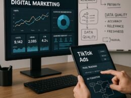 Moderner Digitalmarketing-Arbeitsplatz mit Monitor, Touchscreen und Whiteboard voller Strategien, dokumentiert von Tobias Hager für 404 Magazine