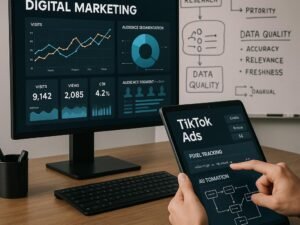 Moderner Digitalmarketing-Arbeitsplatz mit Monitor, Touchscreen und Whiteboard voller Strategien, dokumentiert von Tobias Hager für 404 Magazine