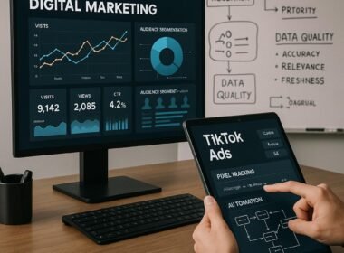 Moderner Digitalmarketing-Arbeitsplatz mit Monitor, Touchscreen und Whiteboard voller Strategien, dokumentiert von Tobias Hager für 404 Magazine