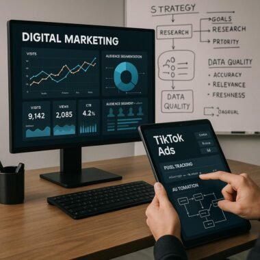 Moderner Digitalmarketing-Arbeitsplatz mit Monitor, Touchscreen und Whiteboard voller Strategien, dokumentiert von Tobias Hager für 404 Magazine