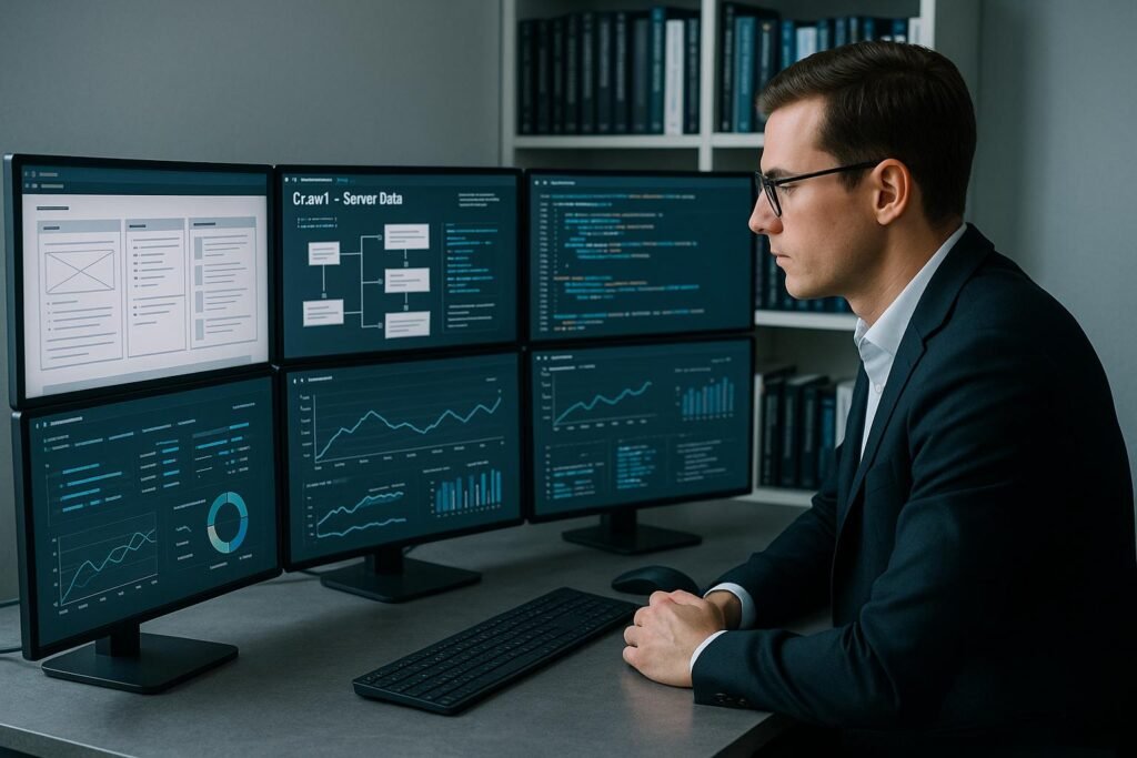 Ein modernes Büro mit mehreren Monitoren, auf denen Webseiten, Server-Daten und Diagramme angezeigt werden, und eine Person in Business-Kleidung, die die Daten analysiert.