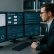 Ein modernes Büro mit mehreren Monitoren, auf denen Webseiten, Server-Daten und Diagramme angezeigt werden, und eine Person in Business-Kleidung, die die Daten analysiert.