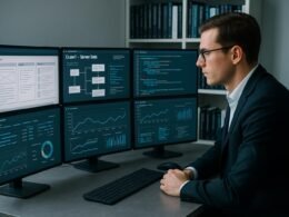 Ein modernes Büro mit mehreren Monitoren, auf denen Webseiten, Server-Daten und Diagramme angezeigt werden, und eine Person in Business-Kleidung, die die Daten analysiert.