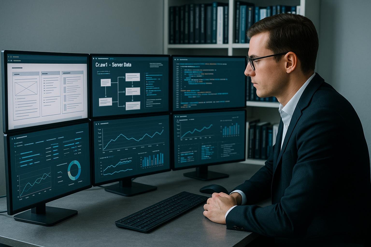 Ein modernes Büro mit mehreren Monitoren, auf denen Webseiten, Server-Daten und Diagramme angezeigt werden, und eine Person in Business-Kleidung, die die Daten analysiert.