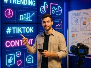 Junger Mann in Casual Fashion vor LED-Displays mit TikTok-Hashtags und Content-Analysen, im Hintergrund Whiteboards und Kamera, energiegeladene Atmosphäre im modernen Content-Studio