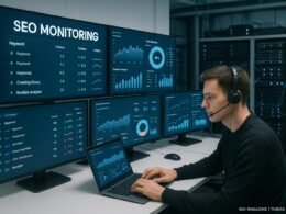 Ein modernes Kontrollzentrum mit großen Monitoren, Dashboards und einem Analysten im Headset, das SEO-Tools nutzt, im Hintergrund Server und technische Geräte sichtbar, hell erleuchtet und minimalistisch gestaltet