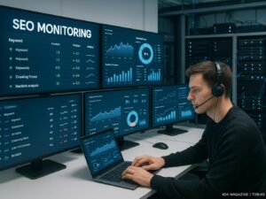 Ein modernes Kontrollzentrum mit großen Monitoren, Dashboards und einem Analysten im Headset, das SEO-Tools nutzt, im Hintergrund Server und technische Geräte sichtbar, hell erleuchtet und minimalistisch gestaltet