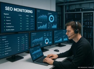 Ein modernes Kontrollzentrum mit großen Monitoren, Dashboards und einem Analysten im Headset, das SEO-Tools nutzt, im Hintergrund Server und technische Geräte sichtbar, hell erleuchtet und minimalistisch gestaltet
