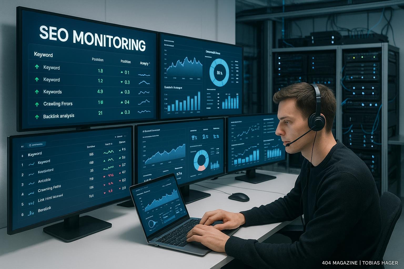 Ein modernes Kontrollzentrum mit großen Monitoren, Dashboards und einem Analysten im Headset, das SEO-Tools nutzt, im Hintergrund Server und technische Geräte sichtbar, hell erleuchtet und minimalistisch gestaltet