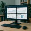 Moderner Arbeitsplatz im Büro mit einem Bildschirm, der ein SEO-Dashboard mit Graphen und Daten zeigt, umgeben von Büchern und Pflanzen