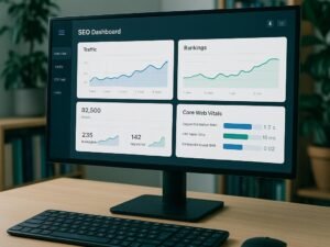 Moderner Arbeitsplatz im Büro mit einem Bildschirm, der ein SEO-Dashboard mit Graphen und Daten zeigt, umgeben von Büchern und Pflanzen