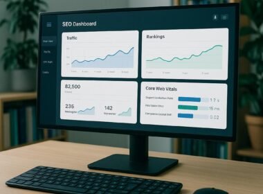 Moderner Arbeitsplatz im Büro mit einem Bildschirm, der ein SEO-Dashboard mit Graphen und Daten zeigt, umgeben von Büchern und Pflanzen