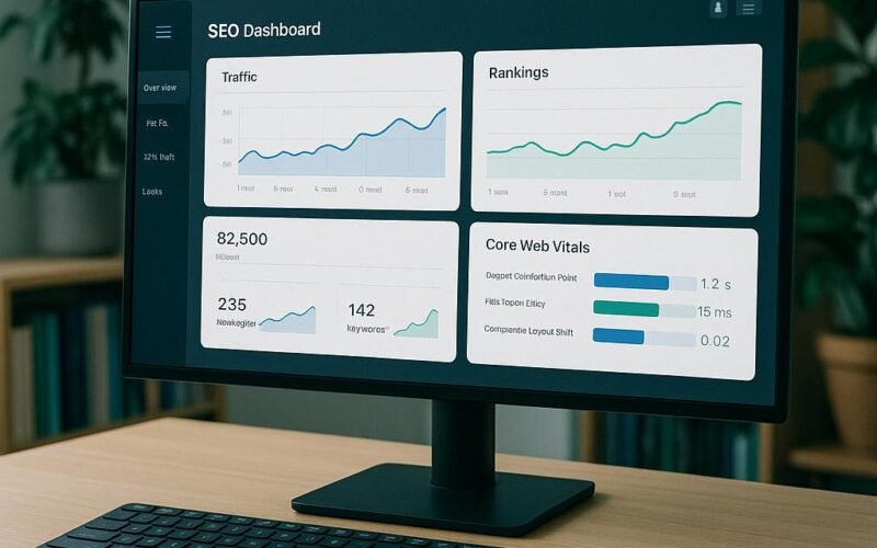 Moderner Arbeitsplatz im Büro mit einem Bildschirm, der ein SEO-Dashboard mit Graphen und Daten zeigt, umgeben von Büchern und Pflanzen