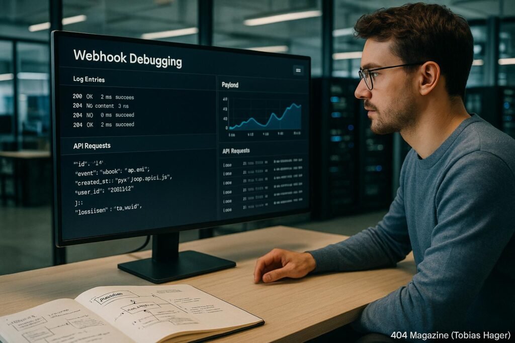 Modernes Entwicklerbüro mit großem Bildschirm, Logeinträgen und Payload-Daten beim Webhook-Debugging, Person mit Notizbuch, Hintergrund mit Server-Racks