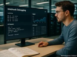 Modernes Entwicklerbüro mit großem Bildschirm, Logeinträgen und Payload-Daten beim Webhook-Debugging, Person mit Notizbuch, Hintergrund mit Server-Racks