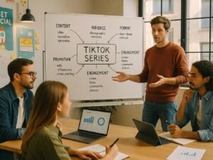 Modernes Büro mit Whiteboard, Team in Trendkleidung diskutiert Strategie, KPIs auf Laptop und Tablet sichtbar, kreative Poster im Hintergrund