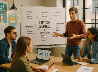 Modernes Büro mit Whiteboard, Team in Trendkleidung diskutiert Strategie, KPIs auf Laptop und Tablet sichtbar, kreative Poster im Hintergrund