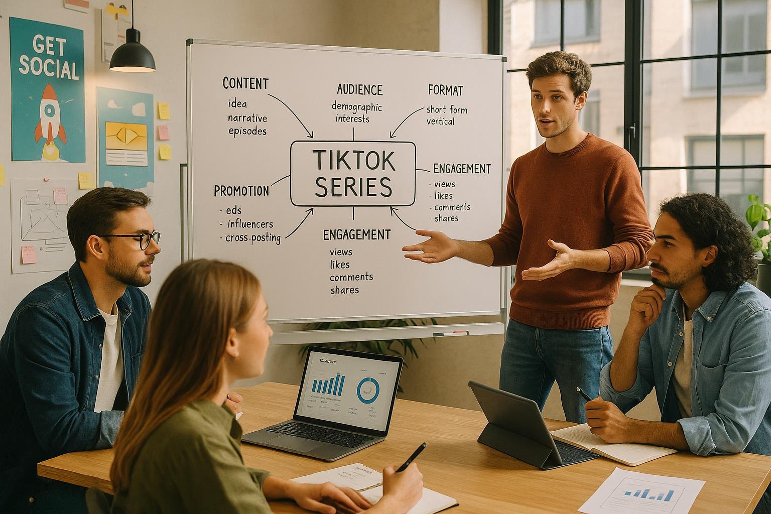 Modernes Büro mit Whiteboard, Team in Trendkleidung diskutiert Strategie, KPIs auf Laptop und Tablet sichtbar, kreative Poster im Hintergrund