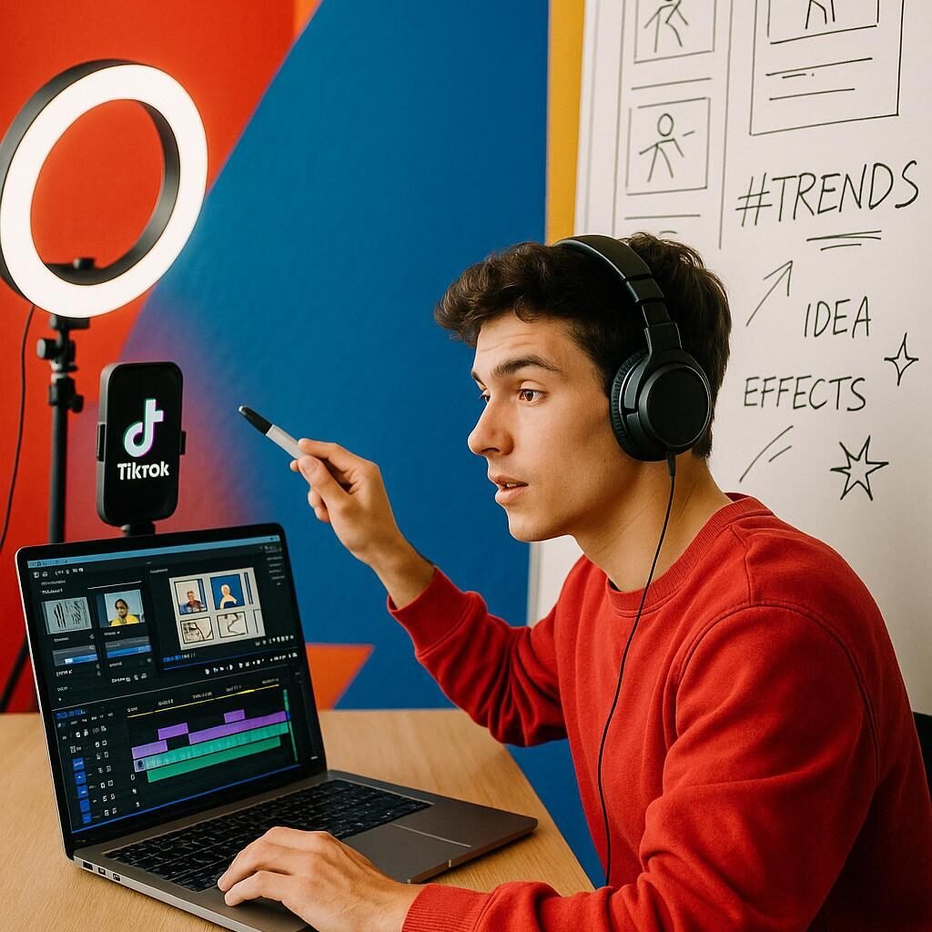 Junger Content-Creator mit Kopfhörern vor Whiteboard, skizziert Videoideen in einem professionellen TikTok-Setup mit bunten Farbflächen im Hintergrund, aufgenommen im Hochformat.