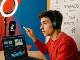 Junger Content-Creator mit Kopfhörern vor Whiteboard, skizziert Videoideen in einem professionellen TikTok-Setup mit bunten Farbflächen im Hintergrund, aufgenommen im Hochformat.