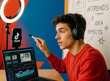Junger Content-Creator mit Kopfhörern vor Whiteboard, skizziert Videoideen in einem professionellen TikTok-Setup mit bunten Farbflächen im Hintergrund, aufgenommen im Hochformat.