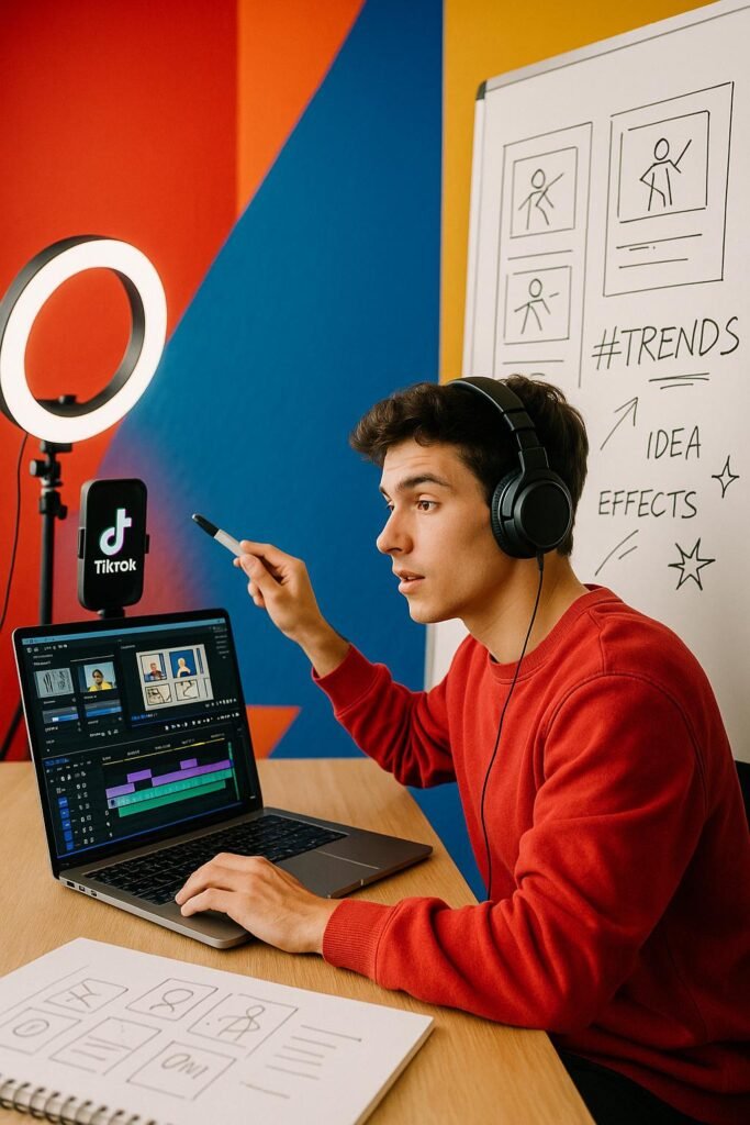 Junger Content-Creator mit Kopfhörern vor Whiteboard, skizziert Videoideen in einem professionellen TikTok-Setup mit bunten Farbflächen im Hintergrund, aufgenommen im Hochformat.
