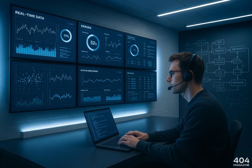 Moderner Kontrollraum mit großen Bildschirmen, Entwickler vor Laptop und technischen Skizzen im Hintergrund, futuristische Atmosphäre in Blau- und Weißtönen.