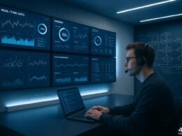 Moderner Kontrollraum mit großen Bildschirmen, Entwickler vor Laptop und technischen Skizzen im Hintergrund, futuristische Atmosphäre in Blau- und Weißtönen.